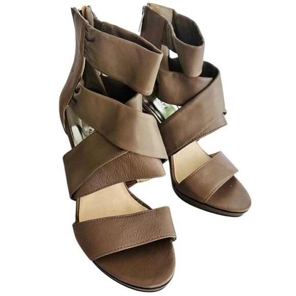 Michael Kors Cone Heel Leather Sandal Size 9 Tan Cross Strap 5" Platform New - Picture 2 of 8
